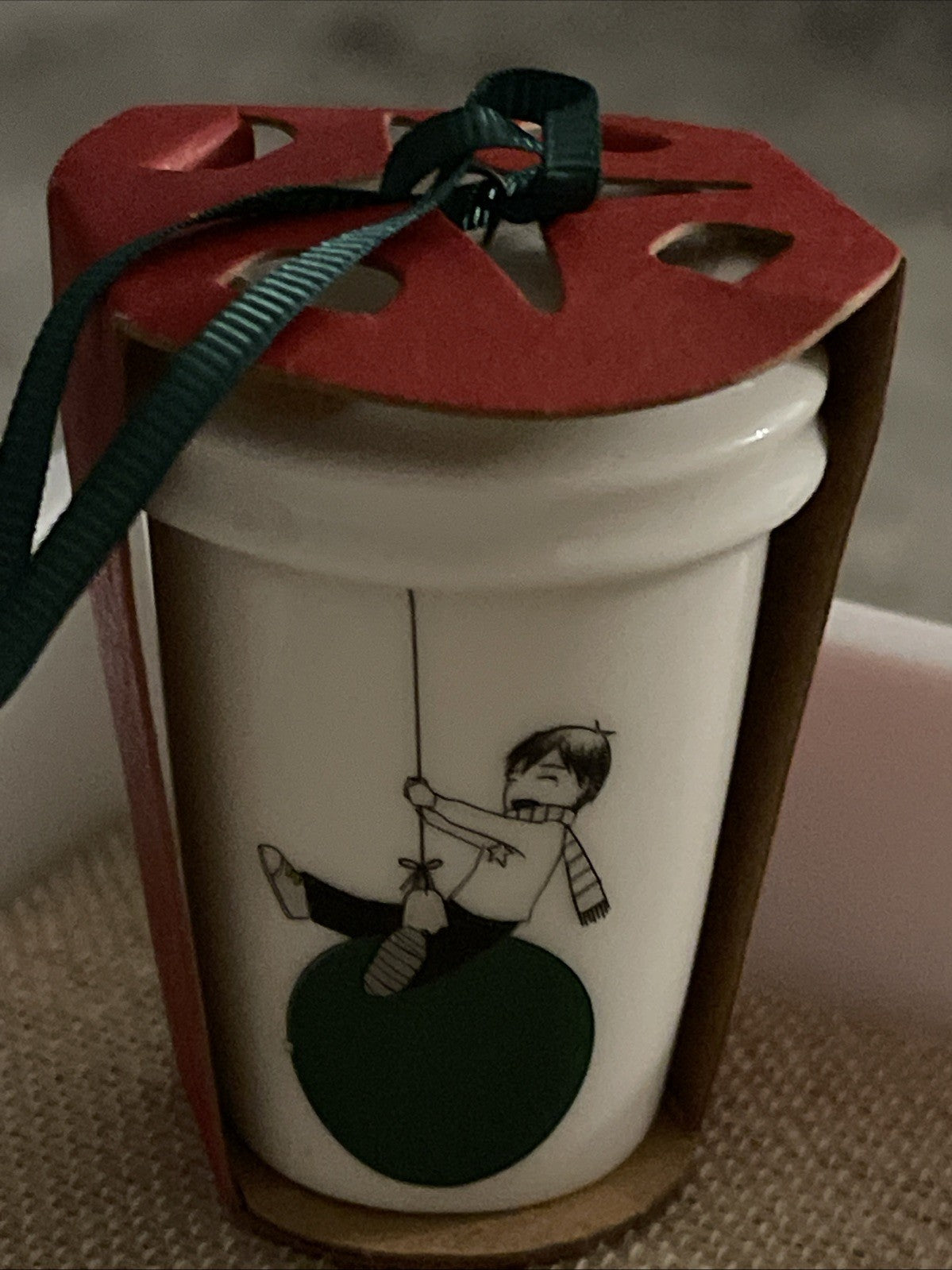 2015 Starbucks Ceramic Christmas Ornament - Green & White Boy On Balloon