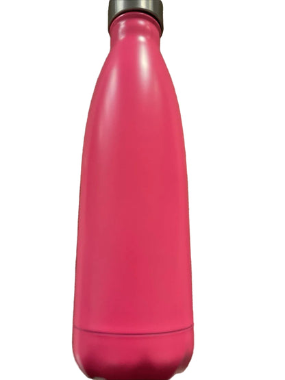 Pink water bottle with a silver cap on a textured surface