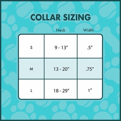 Collar sizing chart with neck width and width measurements on a blue background