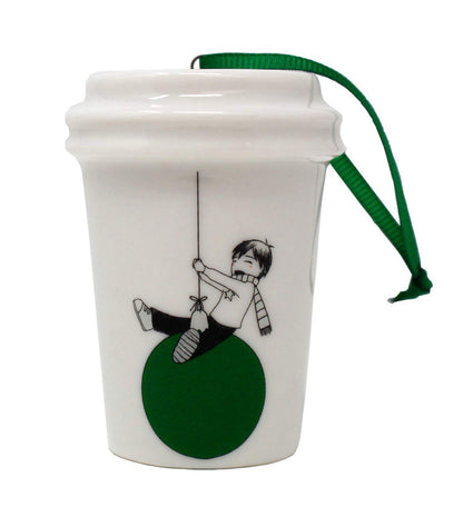 2015 Starbucks Ceramic Christmas Ornament - Green & White Boy On Balloon