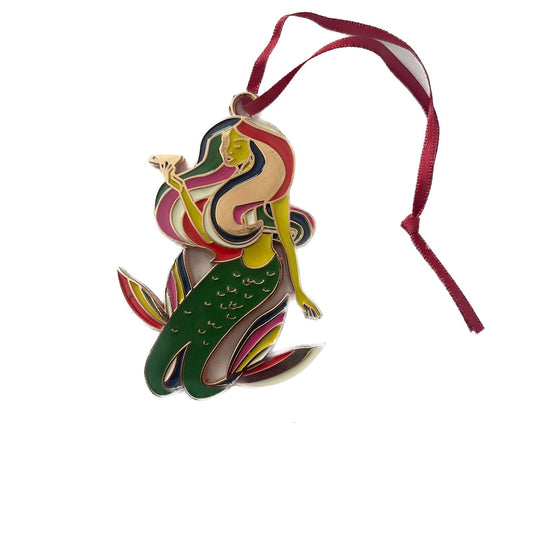 Colorful mermaid ornament with a red ribbon on a white background