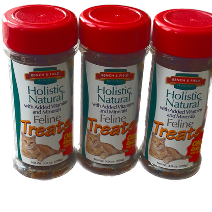 Three bottles of Bench & Field Holistic Natural Feline Treats on a white background
