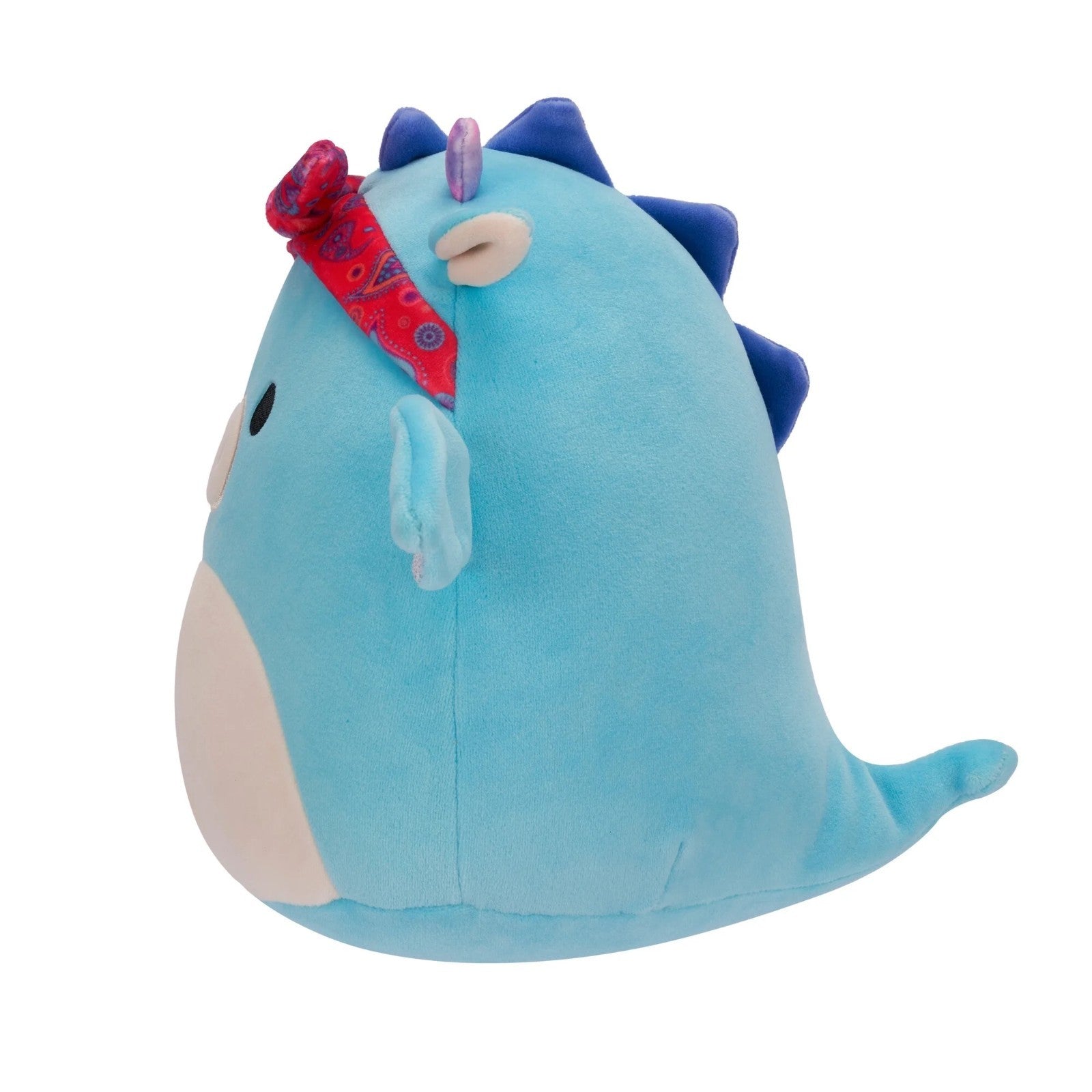 Blue plush toy with a red bow on a white background
