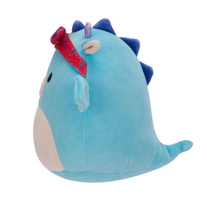 Blue plush toy with a red bow on a white background