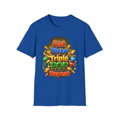 A royal blue short-sleeve crewneck t-shirt featuring a colorful graphic on the chest that reads 'Eat Sleep Triple POP Repeat' surrounded by cartoon coins, gems, and candy.