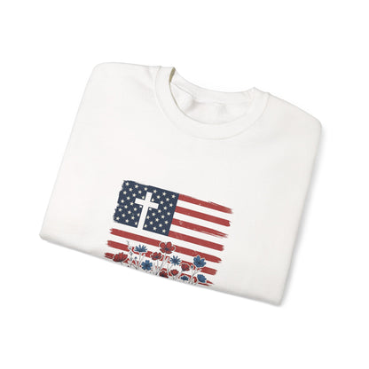 Blessed Is the Nation | Flag Cross Crewneck Sweatshirt | Faith & Freedom