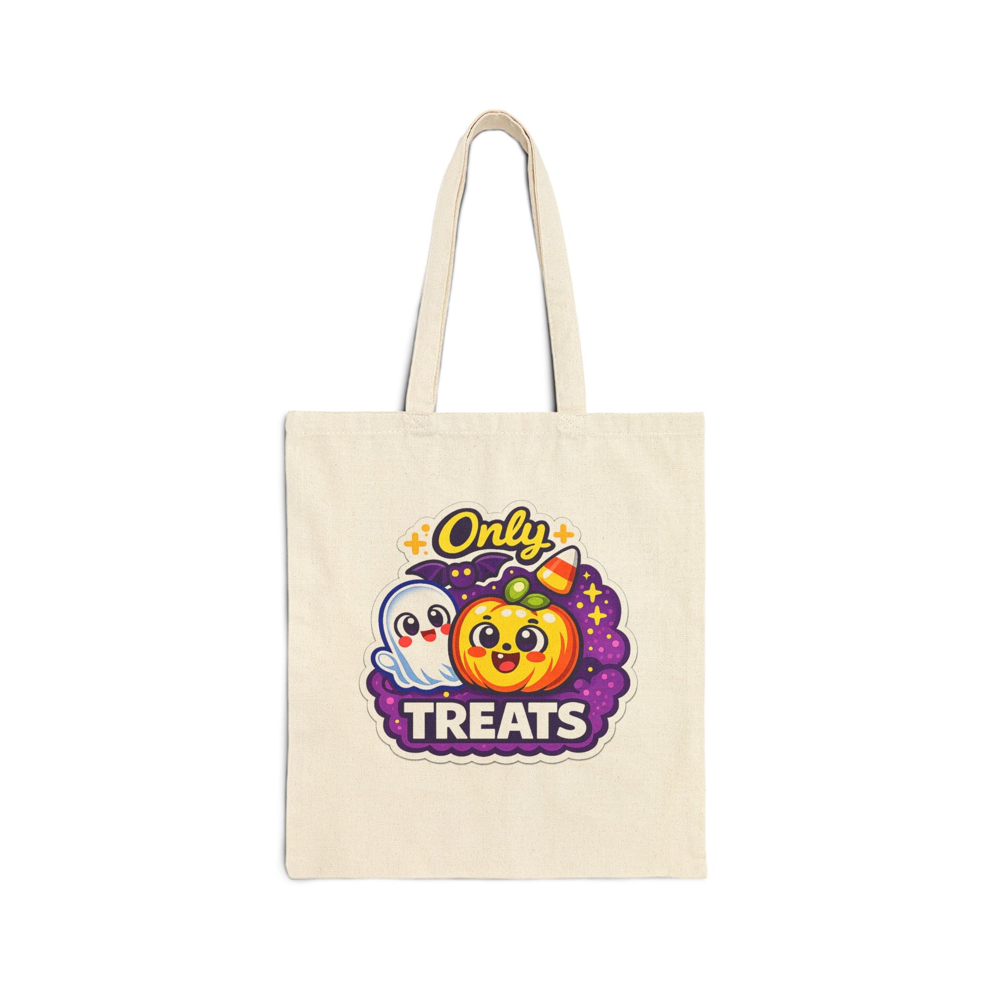 An off-white canvas tote bag with a colorful Halloween graphic that reads 'Only TREATS' featuring a cute ghost and pumpkin character, shown against a plain white background.