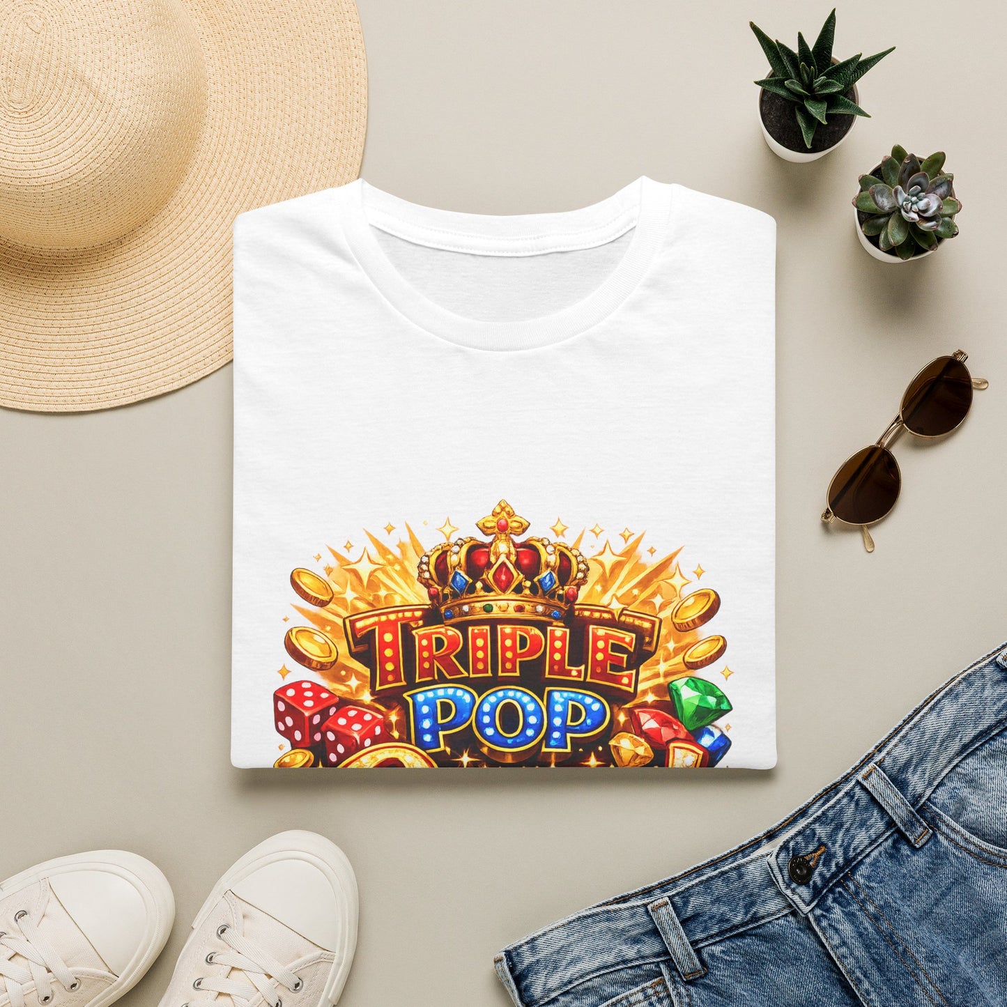 A folded white T-shirt with a colorful 'TRIPLE POP' casino-themed graphic, styled in a flat lay with a straw hat, white sneakers, blue jeans, sunglasses, and small potted succulents on a light beige background.