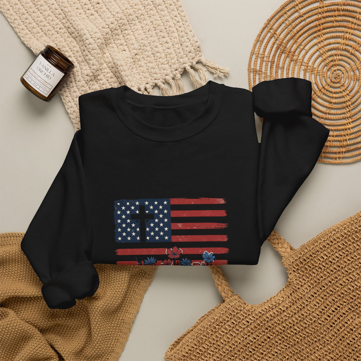 Blessed Is the Nation | Flag Cross Crewneck Sweatshirt | Faith & Freedom