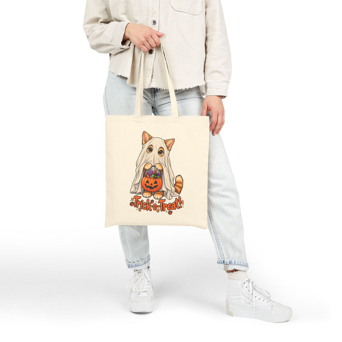 Printify | Halloween Cat Ghost Tote Bag | Trick-or-Treat Pumpkin | Canvas Tote