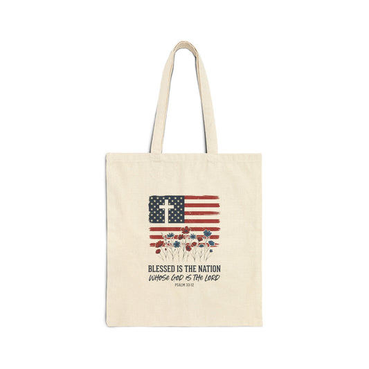 Blessed Is the Nation | Patriotic Cross Flag Tote | Choose Color