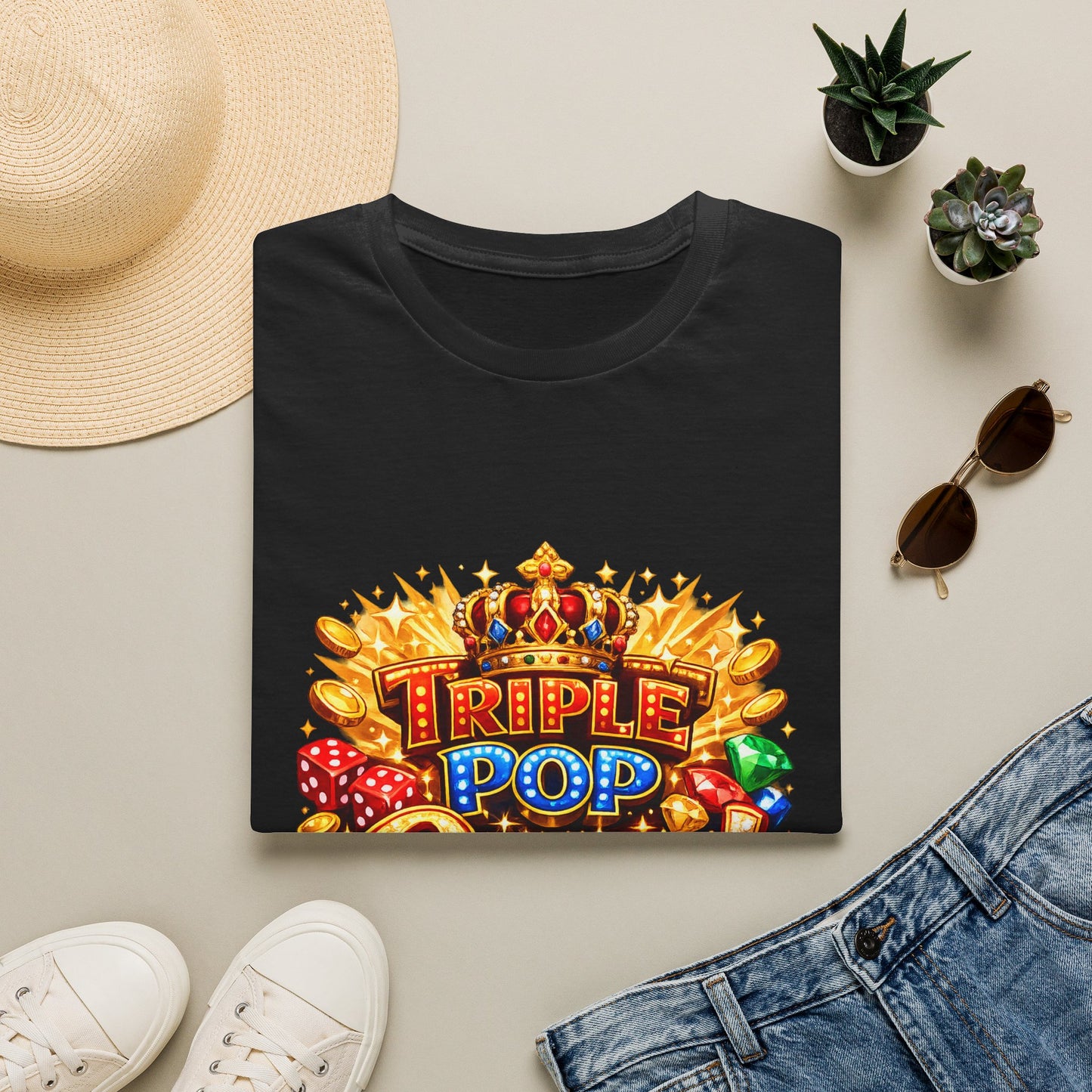 A folded black T-shirt is displayed in a styled flat lay on a light beige surface, surrounded by a straw hat, white sneakers, blue jeans, small potted succulents, and sunglasses. The shirt features a large colorful graphic reading 'TRIPLE POP' with a gold crown, gold coins, and red, blue, green, and yellow dice.