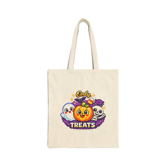 Printify | Only Treats Halloween Tote Bag | Pumpkin, Ghost & Skull | Canvas Tote