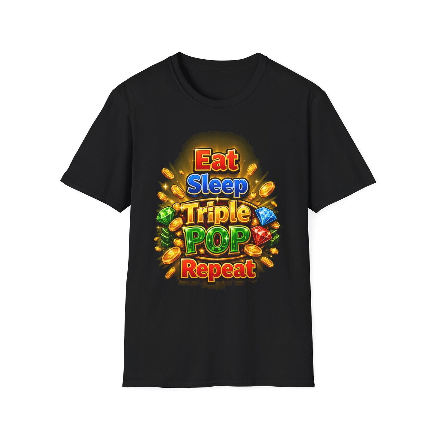 A black short-sleeve crewneck t-shirt featuring a colorful graphic print on the front with the text 'Eat Sleep Triple POP Repeat' surrounded by gold coins and gem icons, displayed on a solid white background.