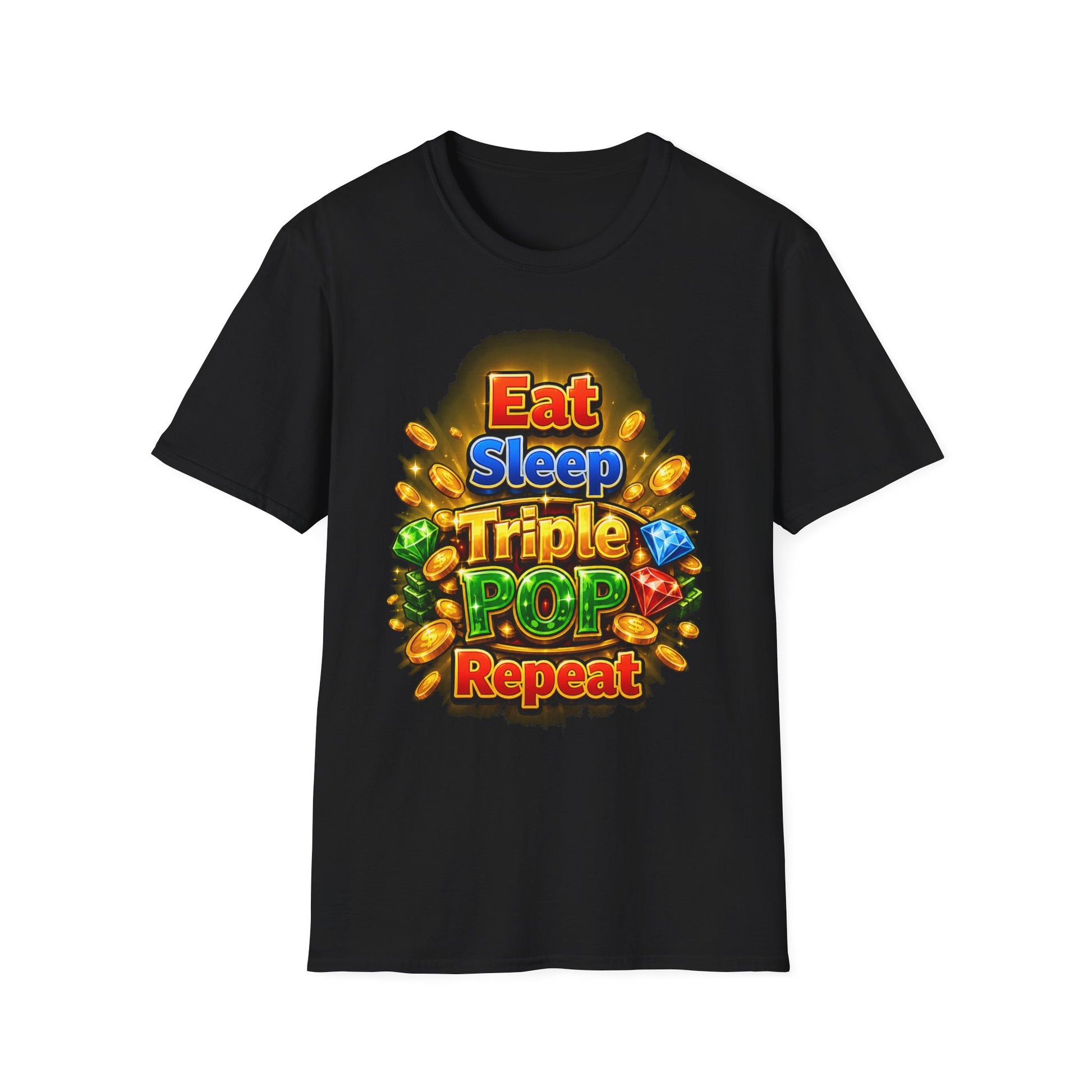 A black short-sleeve crewneck t-shirt featuring a colorful graphic print on the front with the text 'Eat Sleep Triple POP Repeat' surrounded by gold coins and gem icons, displayed on a solid white background.