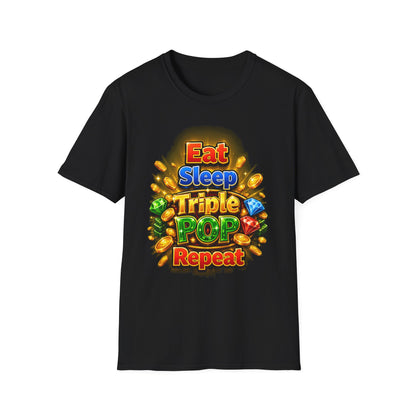 A black short-sleeve crewneck t-shirt featuring a colorful graphic print on the front with the text 'Eat Sleep Triple POP Repeat' surrounded by gold coins and gem icons, displayed on a solid white background.
