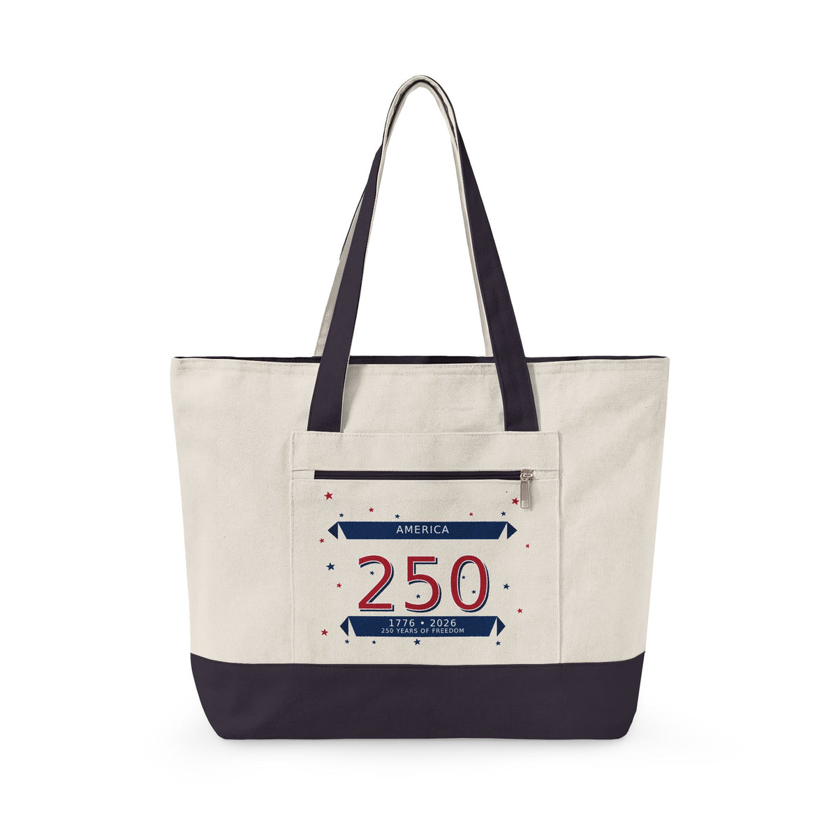 A canvas tote bag with an off-white body, dark navy blue handles and bottom trim, and a front pocket featuring a patriotic '250 America' graphic.