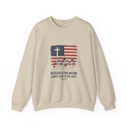Blessed Is the Nation | Flag Cross Crewneck Sweatshirt | Faith & Freedom