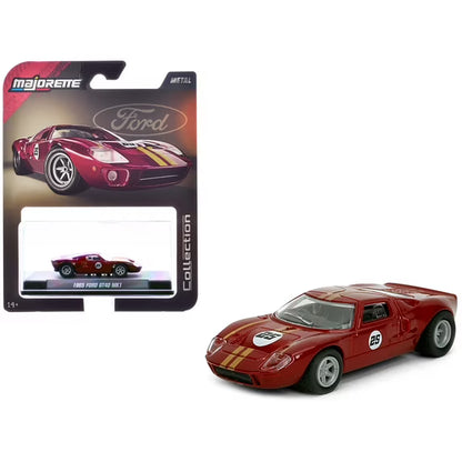 Red Ford model car with gold stripes and a white number 25 on a white background, next to its packaging.