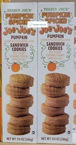 Two boxes of Trader Joe's Pumpkin Spiced Sandwich Cookies on a white background
