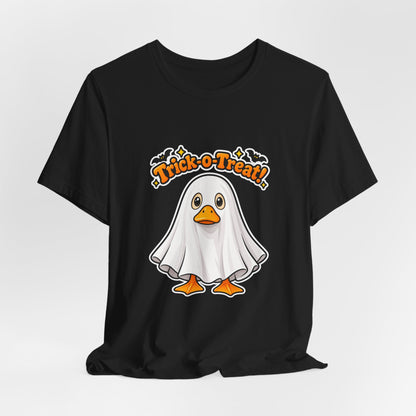Printify | Trick-O-Treat Ghost Duck Tee | Halloween Graphic Shirt | Choose Your Color