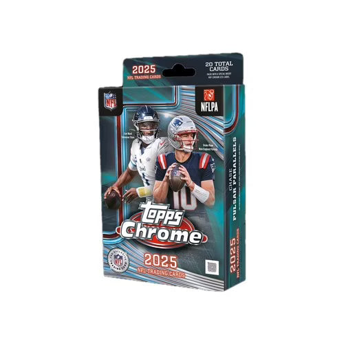 Topps Chrome 2025 NFL trading card pack with football player illustration on a white background