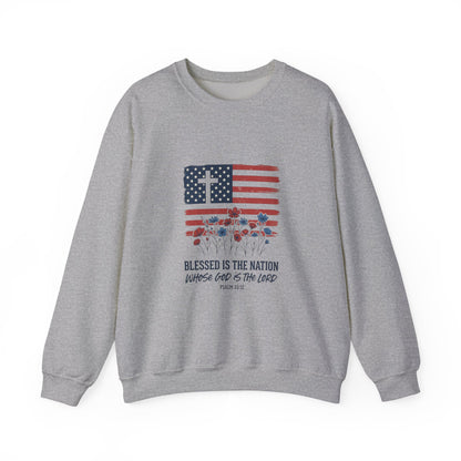 Blessed Is the Nation | Flag Cross Crewneck Sweatshirt | Faith & Freedom