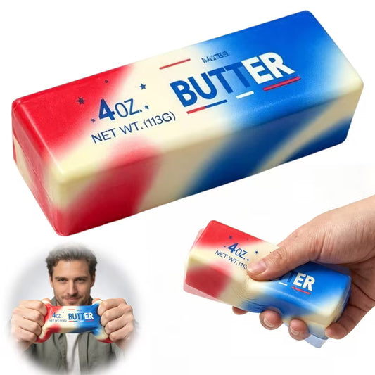 Butter container with a gradient of red, white, and blue, held by a person.