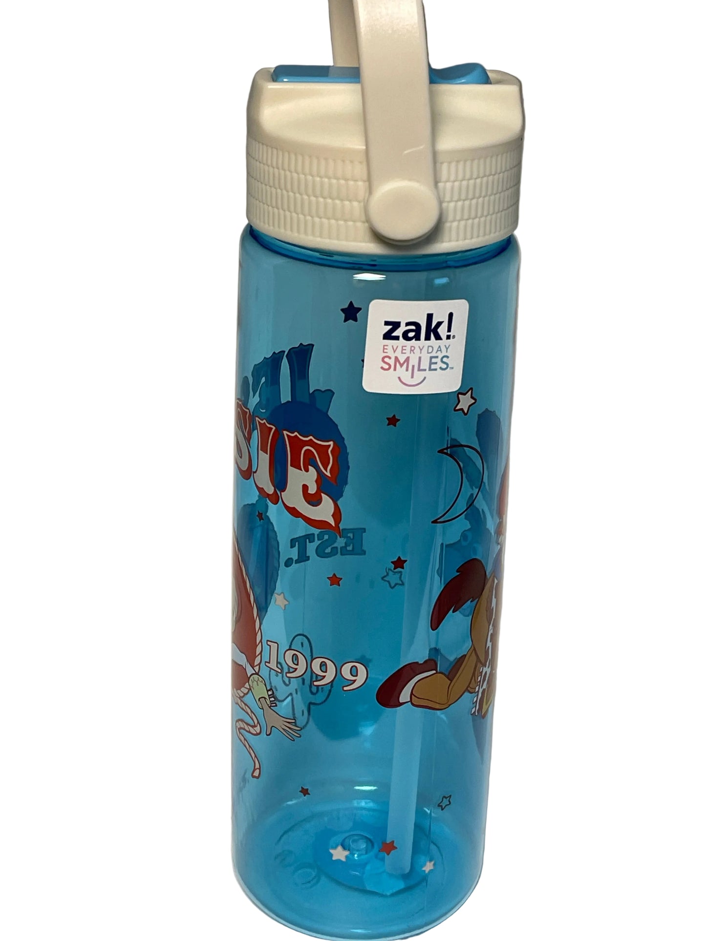 A blue translucent plastic water bottle with a white lid and carrying loop, featuring cartoon graphics of Tom and Jerry and the 'zak! ZAK SMILES' brand label.