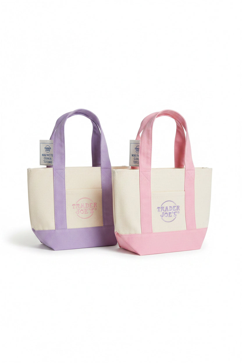 2026 Trader Joe's Mini Pastel Canvas Tote Bag Set | 2 Mini (Pink & Purple)