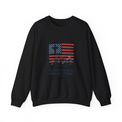 Blessed Is the Nation | Flag Cross Crewneck Sweatshirt | Faith & Freedom