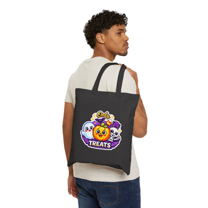Only Treats Halloween Canvas Tote Bag | Pumpkin, Ghost & Skull