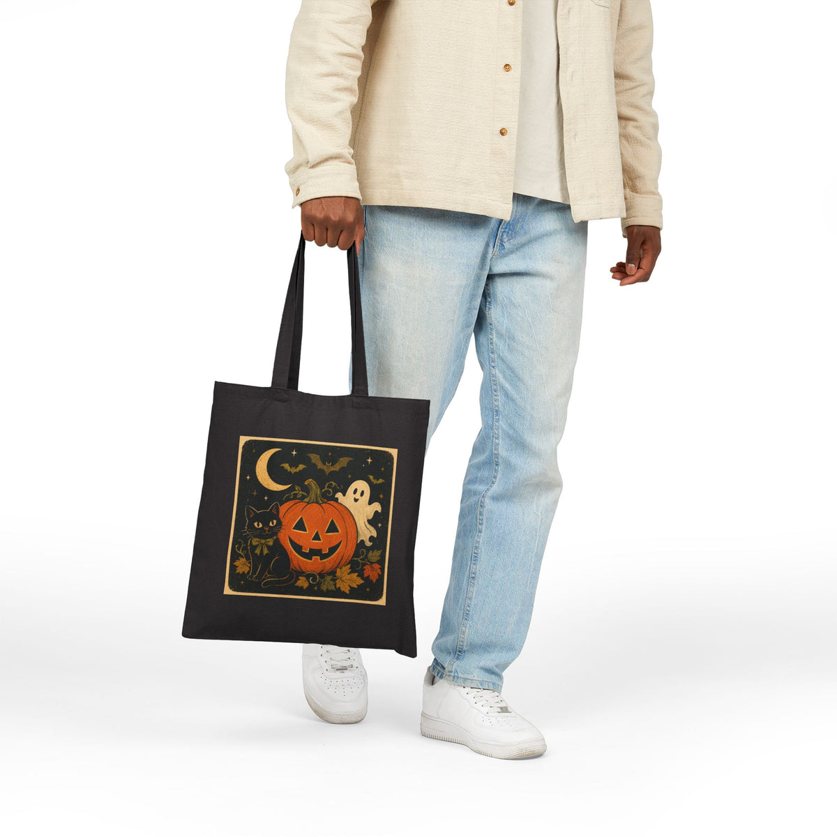 Printify | Halloween Pumpkin Ghost Tote Bag | Vintage Jack-o'-Lantern | Canvas Tote