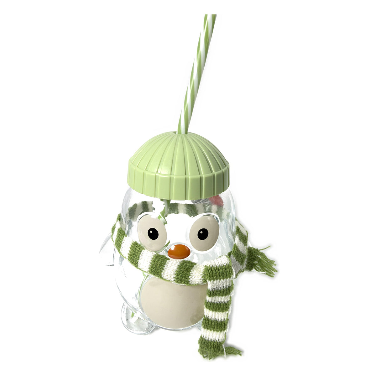 Green penguin glass sipper front view with knit scarf