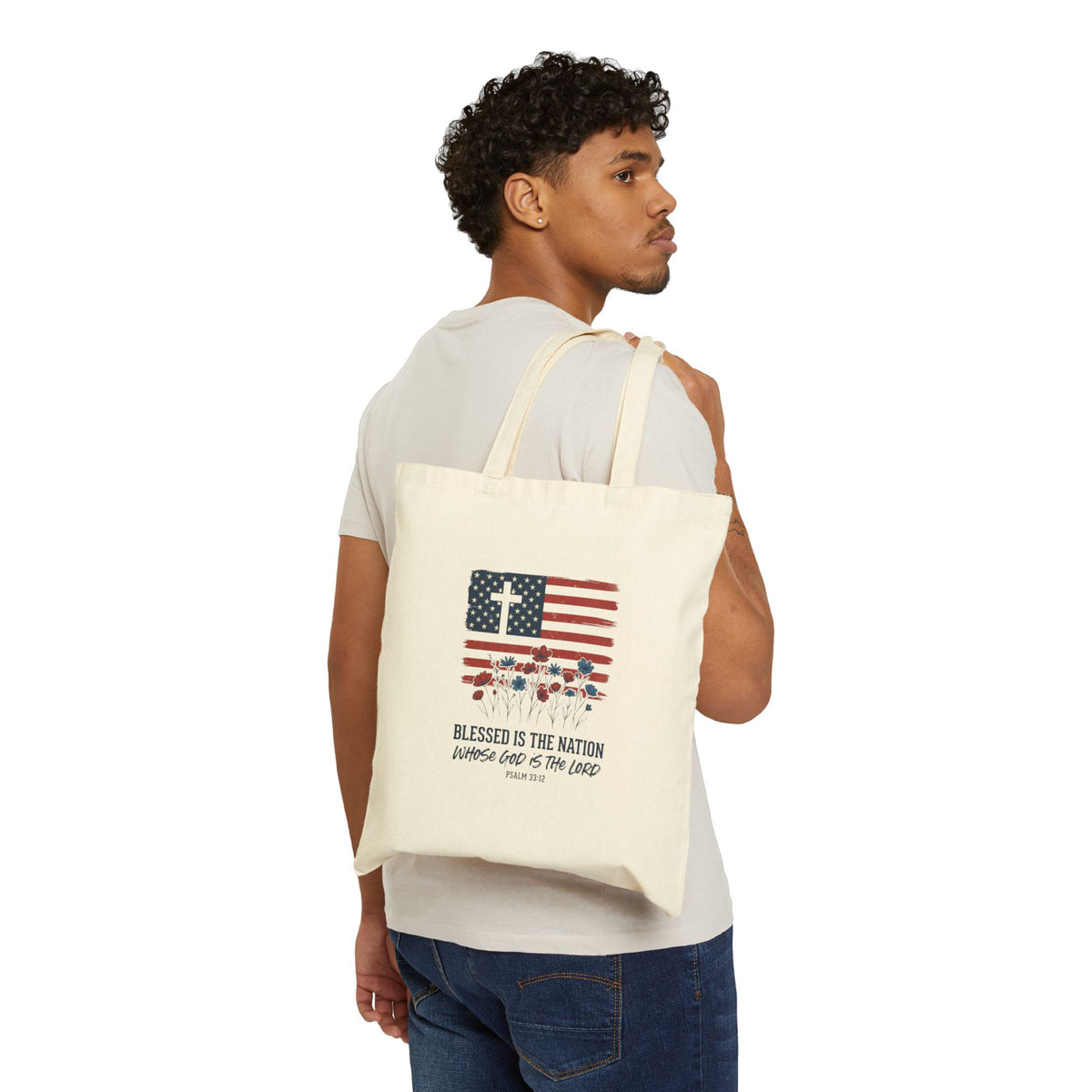 Blessed Is the Nation | Patriotic Cross Flag Tote | Choose Color