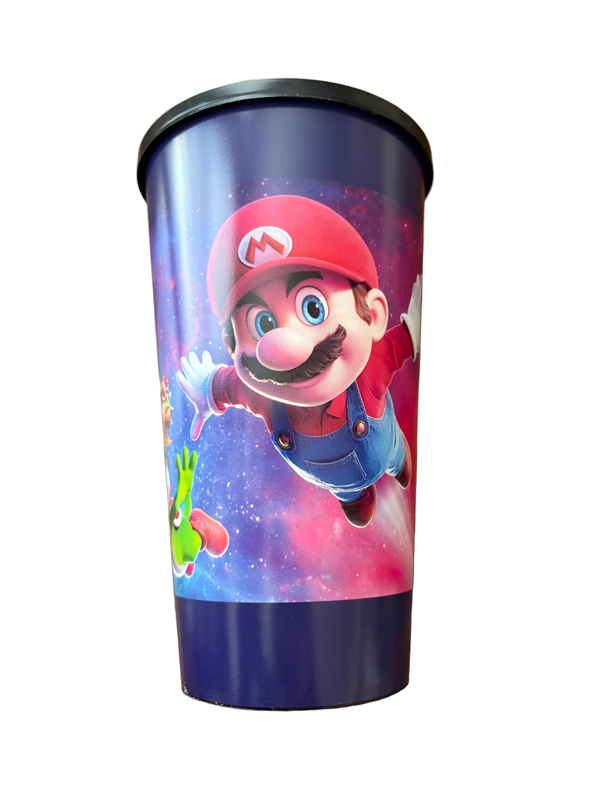 A dark blue travel tumbler featuring a printed graphic of Super Mario flying against a colorful galaxy background, complete with a black lid.