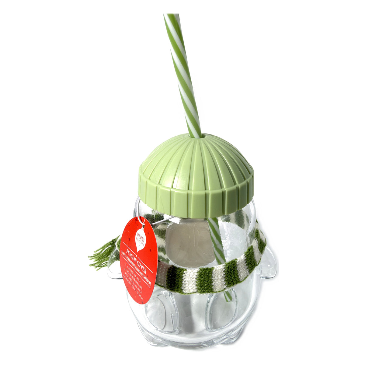 Green penguin glass sipper back view with tag