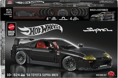 Hot Wheels Metal Parts & Exclusive Car building set box for the '94 Toyota Supra Mk IV, featuring a black brick-built sports car with red interior seats and yellow headlights on a dark background.