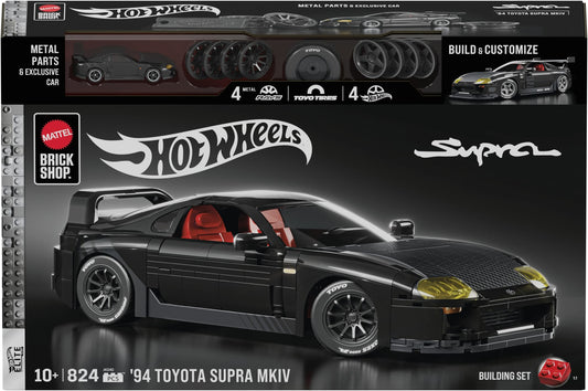 Hot Wheels Metal Parts & Exclusive Car building set box for the '94 Toyota Supra Mk IV, featuring a black brick-built sports car with red interior seats and yellow headlights on a dark background.