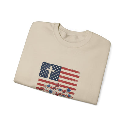 Blessed Is the Nation | Flag Cross Crewneck Sweatshirt | Faith & Freedom