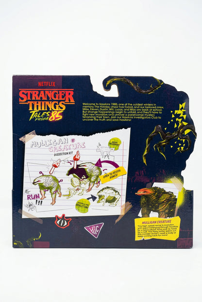 Stranger Things Toys From Season 3 collectible figure packaging, featuring a dark blue cardback with character art, a yellow Netflix logo, and a torn white paper insert with illustrations.