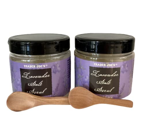 Two jars of Trader Joe's Lavender Salt Scrub with a wooden spoon on a white background