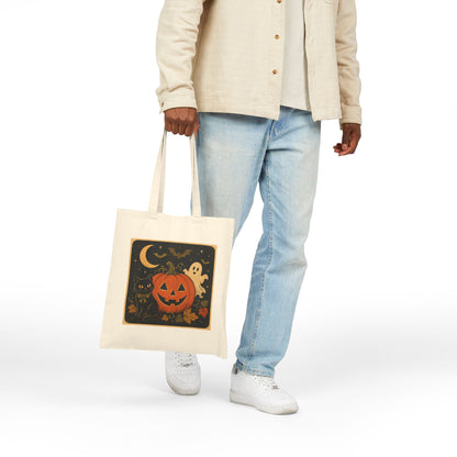Printify | Halloween Pumpkin Ghost Tote Bag | Vintage Jack-o'-Lantern | Canvas Tote