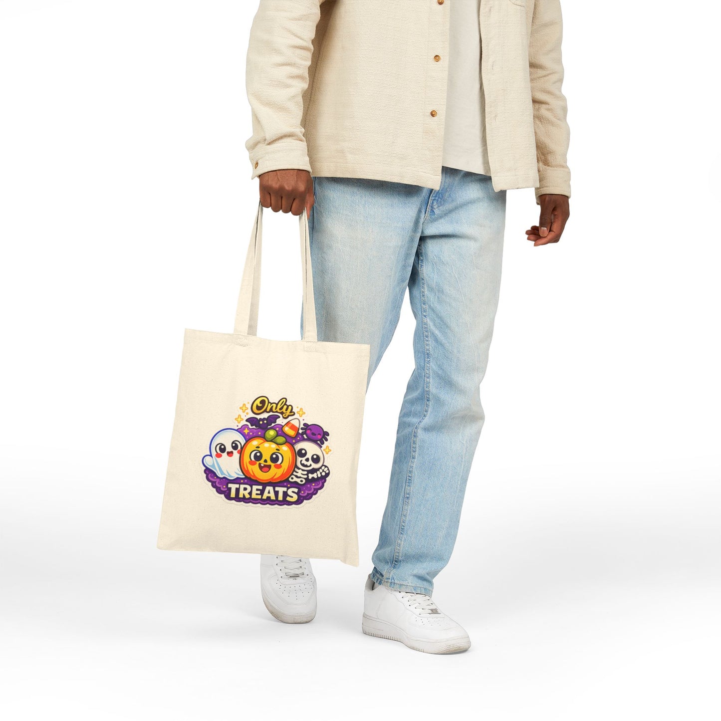 Only Treats Halloween Canvas Tote Bag | Pumpkin, Ghost & Skull