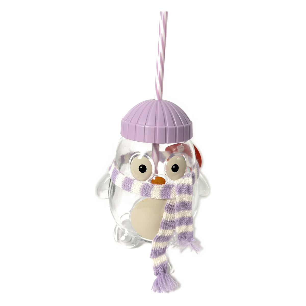 Purple penguin glass sipper front view with knit scarf