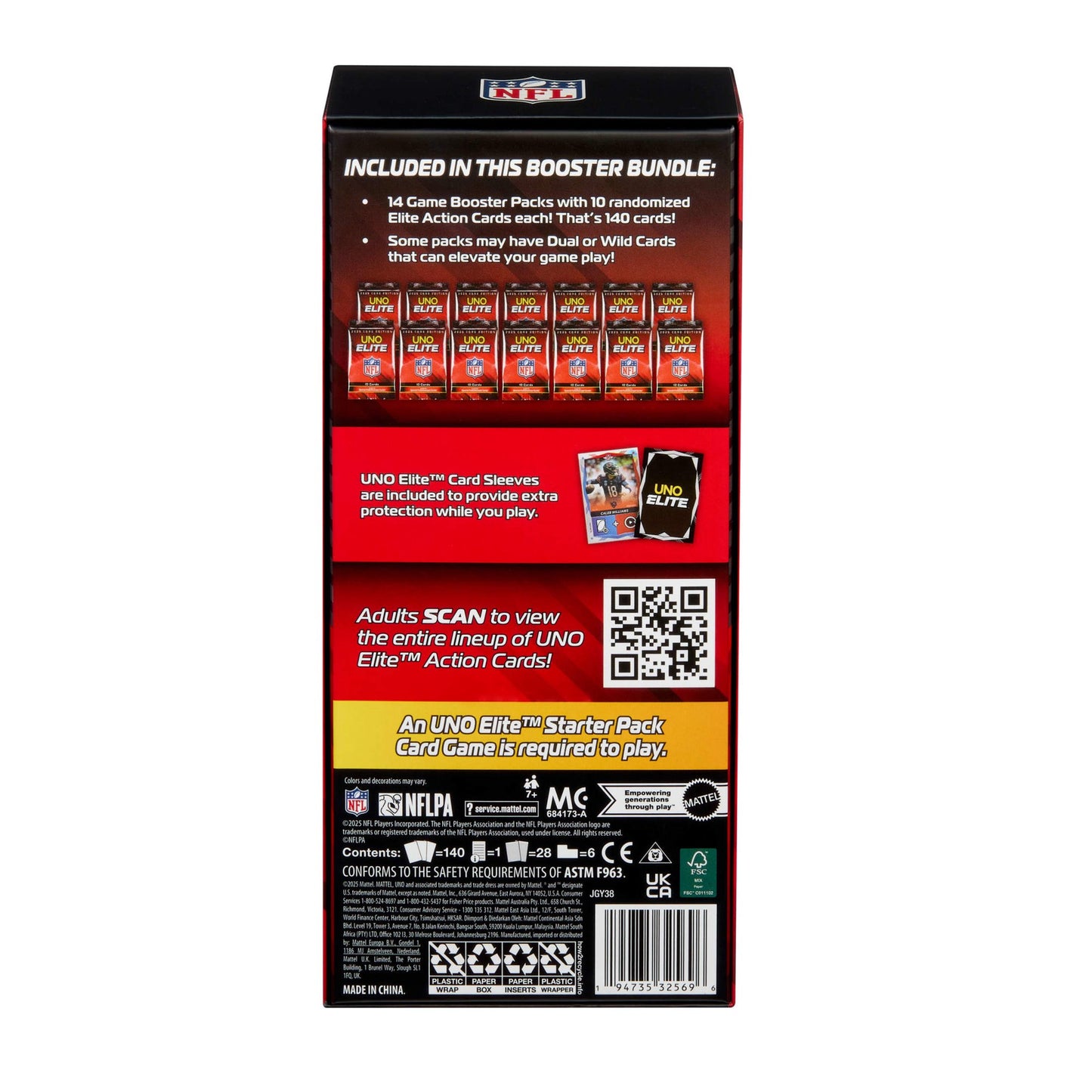 Mattel | UNO Elite NFL Booster Set | 140 Elite Action Collector Cards 2025