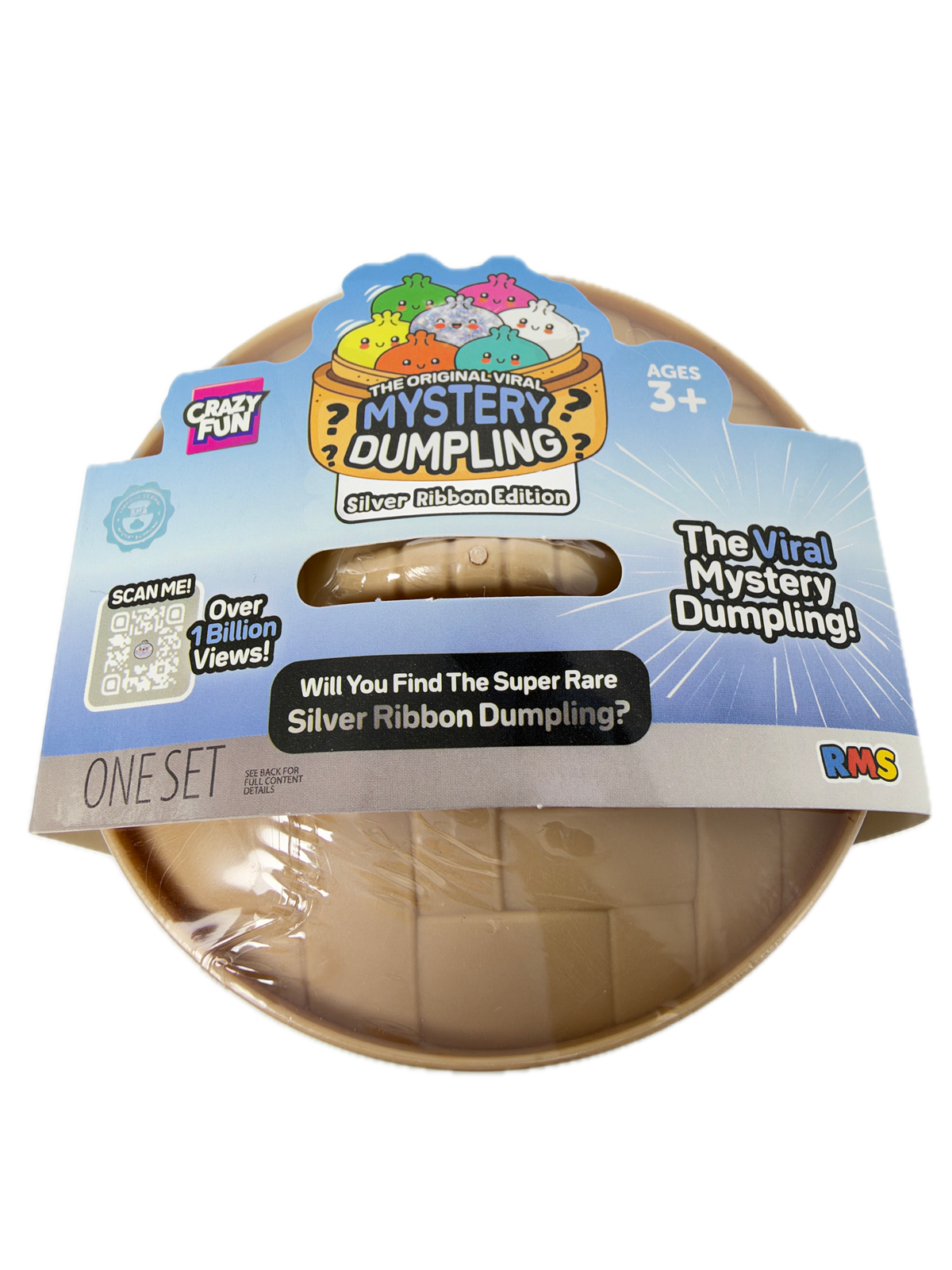A packaged toy product labeled 'The Original Viral Mystery Dumpling' by Crazy Fun and RKS, shown in a clear plastic-wrapped round container with a printed cardboard hanger card. The visible product inside appears to be a beige/tan dumpling-shaped item, and the packaging prominently features blue, yellow, orange, and multicolor graphics.