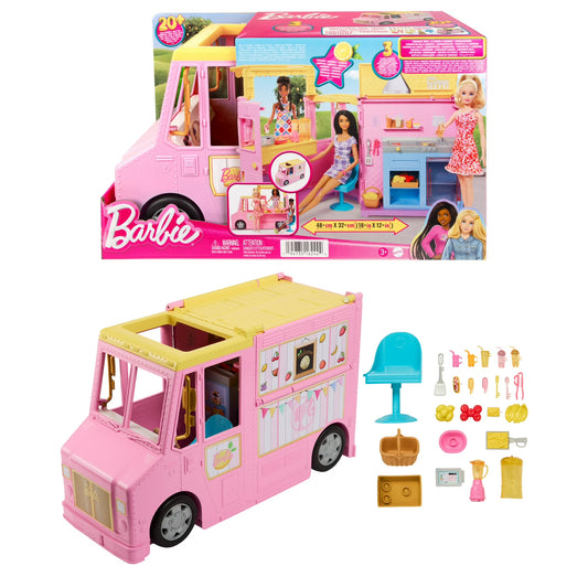 Barbie food truck playset with a pink and yellow toy truck, a blue chair, and multiple accessory items, shown alongside its retail packaging on a white background.