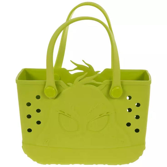 A lime green plastic tote bag featuring a raised Grinch face design on the front, with two top handles and side ventilation holes, shown against a plain white background.