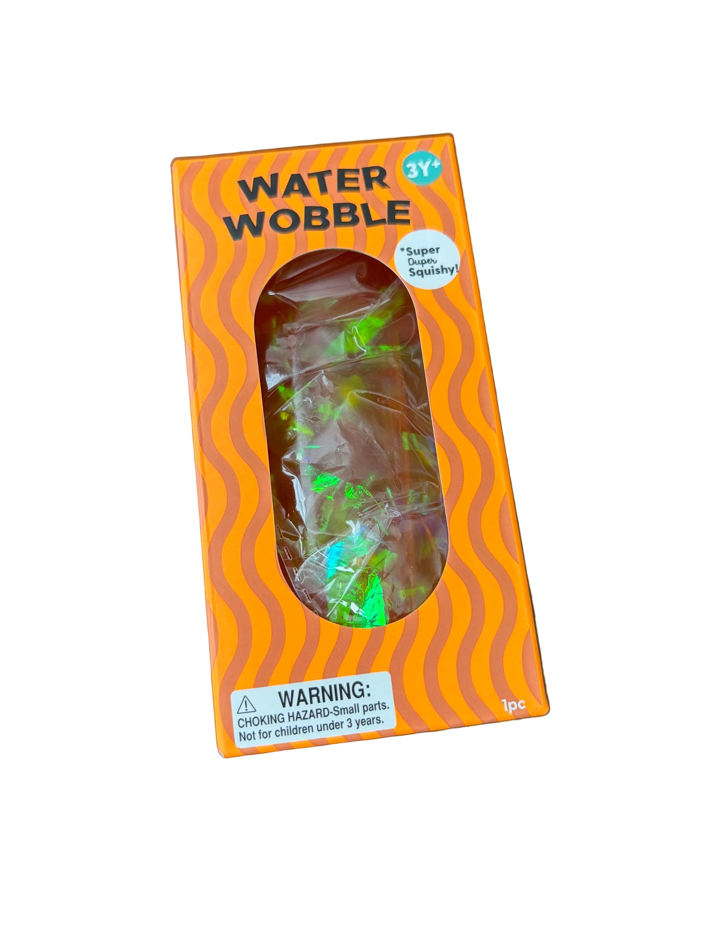 Orange packaging of a water wobble toy on a wooden surface
